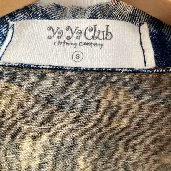 YaYa Club Stonewash Denim Jacket w/ Camouflage Print women's S jean retro boho - Picture 3 of 16